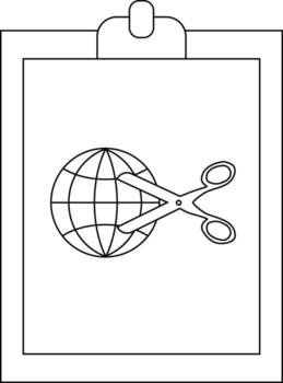 un portapapeles muestra un globo siendo cortar con tijeras todas en negro y blanco contorno vector