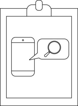 A clipboard presents a phone with a search icon in a speech bubble simple lines vector