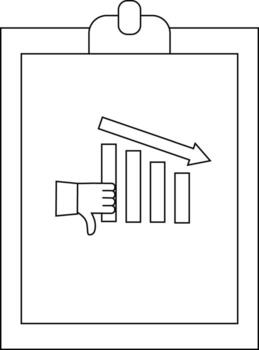 un gráfico con un hacia abajo tendencias bar grafico un flecha señalando abajo y un pulgares abajo icono es en un portapapeles vector