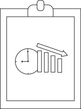 Clipboard with a clock graph bars and a downwardpointing arrow vector