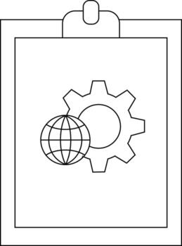 A clipboard with a gear and a globe illustration on its surface vector