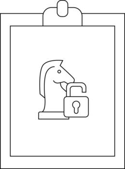 A clipboard displays a chess knight near an open padlock rendered in line art vector