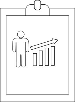 A clipboard displays a person icon and a rising bar graph with an arrow pointing upward vector
