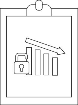 The image depicts a clipboard with an open lock descending bar chart and an arrow pointing downwards vector