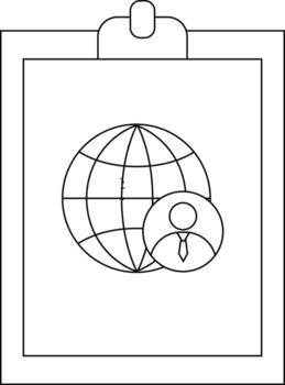 el imagen muestra un portapapeles con un página mostrando un globo y un figura con un Corbata todas en un minimalista contorno estilo vector
