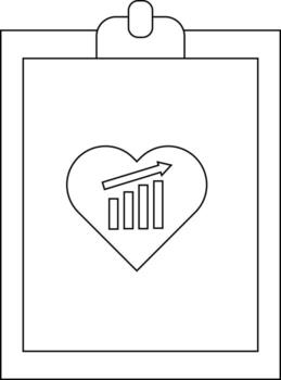 A clipboard holds a heart icon with a rising bar graph and arrow inside vector