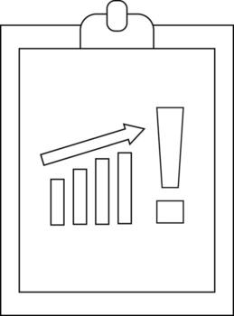 A clipboard displays an upward trending bar graph with arrow and a final exclamation mark graphic vector