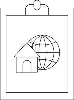 Clipboard with a globe behind a house with an arched entrance and a chimney vector