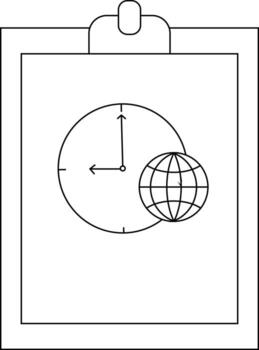 Clipboard with a clock and globe displayed on the attached paper lines are black on white vector