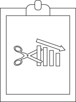 A clipboard displays scissors cutting a downward trending bar graph signaling cost reduction vector