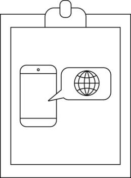 A clipboard displays a phone next to a speech bubble enclosing a globe icon vector