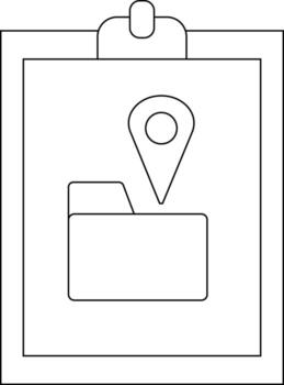 Outlined clipboard displays a file folder and location pin icon on white background vector