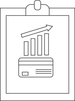 A clipboard displays a credit card graphic beneath a rising bar graph with an upwardpointing arrow vector