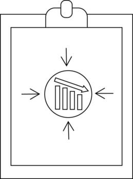 Clipboard with downpointing arrows converging on a graph showing a downward trend vector