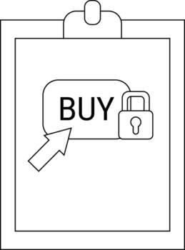 A clipboard shows a BUY button icon a cursor pointing to it and a padlock icon vector