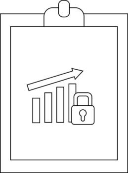 A clipboard displays a rising bar graph with an upward arrow and a padlock icon vector