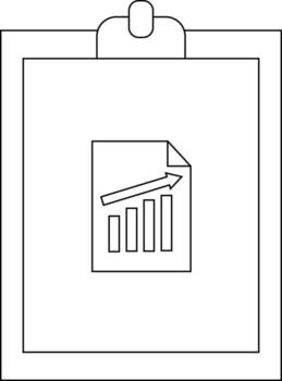 A clipboard holds a document featuring a growing bar graph with an upwardpointing arrow vector