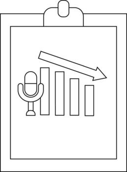 A clipboard shows a microphone bar graph with a declining trend arrow vector
