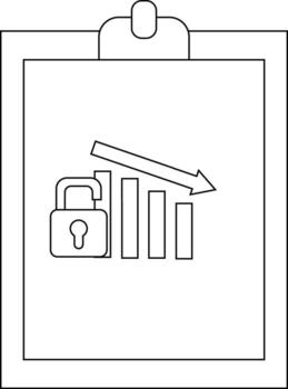 A clipboard displaying an unlocked padlock adjacent to a descending bar graph with a downpointing arrow vector