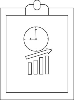 A clipboard holds a clock above rising bar graph indicating time management or progress tracking vector
