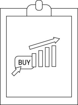 un portapapeles muestra un gráfico con barras creciente hacia un flecha siguiente a un comprar botón con un puntero vector