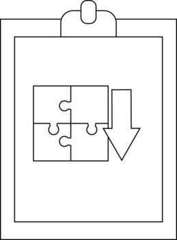 portapapeles con un cuatro piezas rompecabezas y un hacia abajo señalando flecha vector