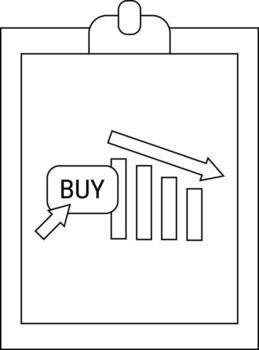 Clipboard with a Buy button next to a declining bar graph and a downward arrow vector