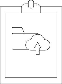 A clipboard with a document showing a folder beside a cloud with an upward arrow vector