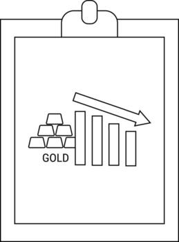 Clipboard shows gold bar graph decline and a downpointing arrow vector