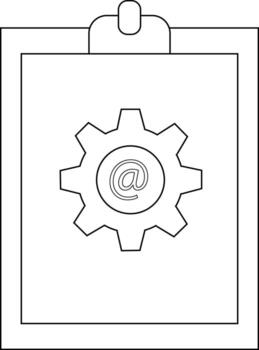 A clipboard displays a gear encasing an symbol all rendered in simple line art vector
