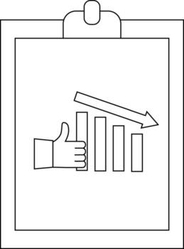 A clipboard with declining bar graph downward arrow a thumbsup gesture vector