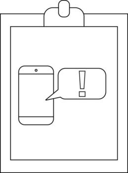 Clipboard with a phone and exclamation mark in a speech bubble simple black outline drawing vector