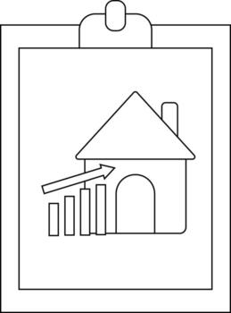 A clipboard shows a house icon with an upwardpointing arrow over bar graphs representing rising property values vector