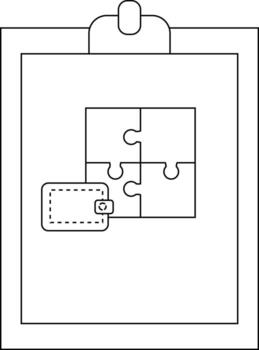 A clipboard displays a fourpiece puzzle and a wallet with dashed lines vector