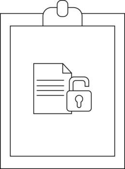 Clipboard displays a file with an open padlock suggesting unlocked document security vector