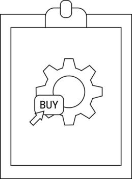 A clipboard with a cogwheel image BUY is written in a button with a cursor vector