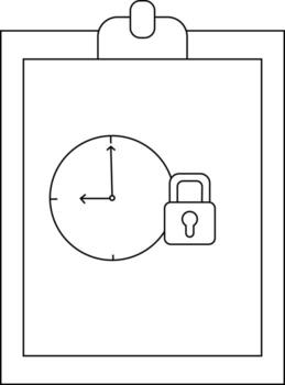 Clipboard with a clock at 900 and a padlock black outline on a white background vector