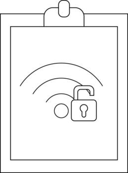 A clipboard with a page showing an unlocked padlock on a WiFi symbol suggesting open network access vector