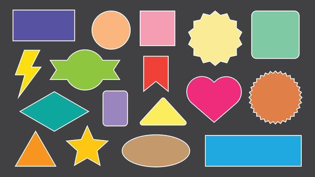 Collection of Diverse Colorful Geometric Shapes and Symbols on Dark Background vector