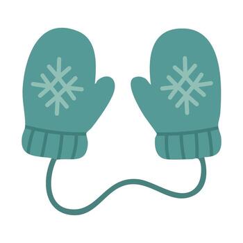 verde azulado invierno mitones conectado con cadena, decorado con copos de nieve, suave plano ilustración en blanco antecedentes. vector