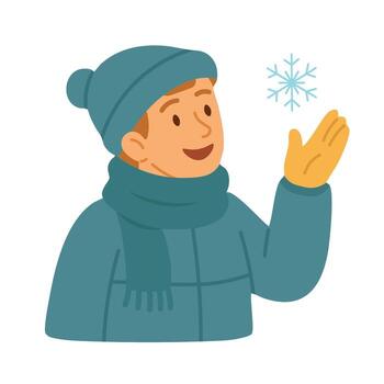 Man in winter clothes with hat and scarf catching snowflake, smiling and enjoying winter. vector
