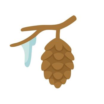Winter pine cone hanging from branch with icicle, simple flat illustration. vector