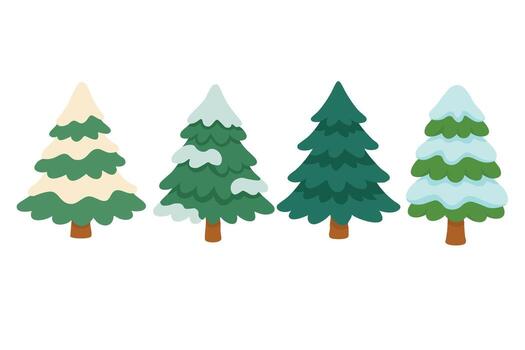 Four cute winter fir trees in soft flat style, snow covered branches, white background. vector
