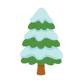 Bright green fir tree covered with snow in soft flat winter style on white background. vector