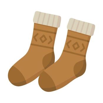 Brown warm knitted socks with folded cuffs in soft flat style on white background. vector