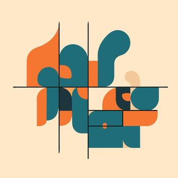Dynamic abstract composition of rounded shapes in contrasting teal and warm orange, arranged within a subtle grid, creating a visually engaging and modern graphic design vector