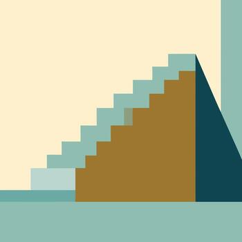 Minimalist geometric illustration featuring an abstract staircase with varying teal and brown steps against a muted beige backdrop, evoking modern architectural design and structured ascent vector
