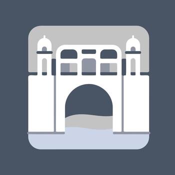 Minimalist flat design icon of a classic stone bridge over water, featuring elegant archways and prominent towers, rendered with clean lines and modern graphic simplicity vector