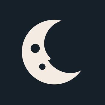 Stylized and serene crescent moon icon with a gentle, friendly face, set against a deep dark background, symbolizing peaceful sleep, tranquil dreams, and the calming essence of night vector