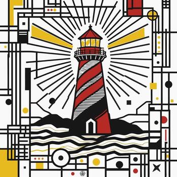 Abstract geometric robot illustration with a blend of modern and retro-futuristic design elements, featuring a simple blue robot against a background of colorful shapes and patterns vector